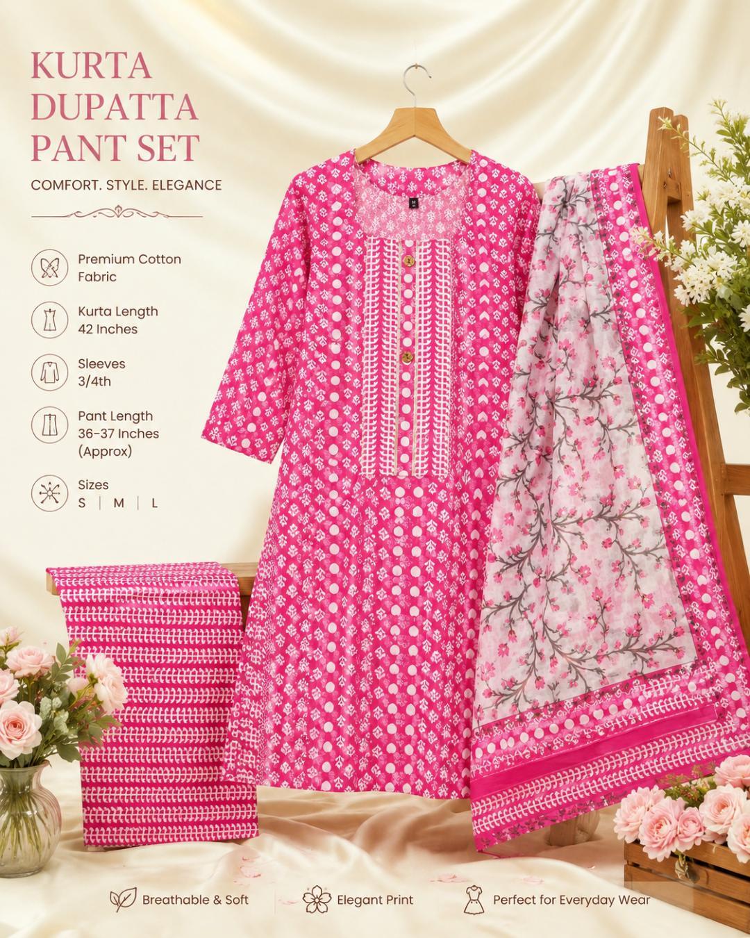 pink dupatta pant kurta set in pure cotton