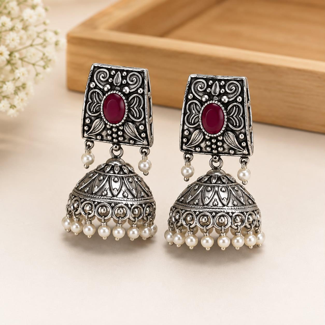 Dark Antique Oxidised Jhumki Earring For Women & Girls (Ruby Red)