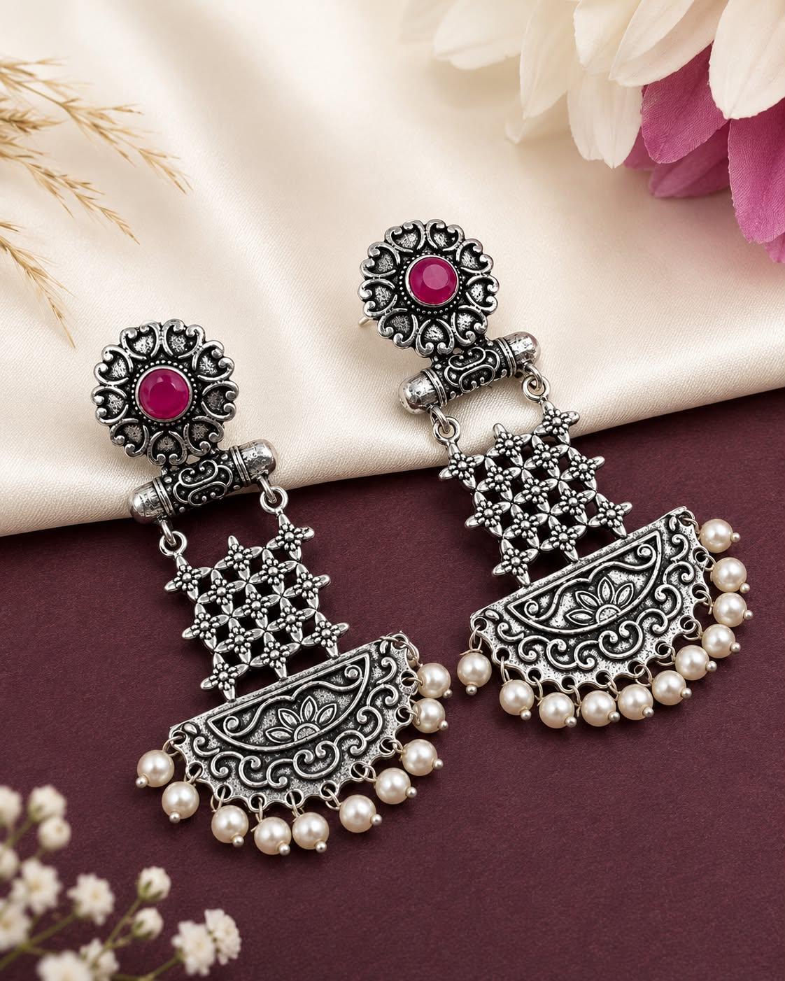 Beautiful Unique Design Oxidise Silver Oversized Stone and Beads Stud Earring | Women's Latest Design Artificial Stone and Beads Earrings | Ethnic Stone Earrings | Oxidized Stone Earrings |Stone Earrings for Girls & Women| Pair of Stone Studs | Pair of Stone Earring